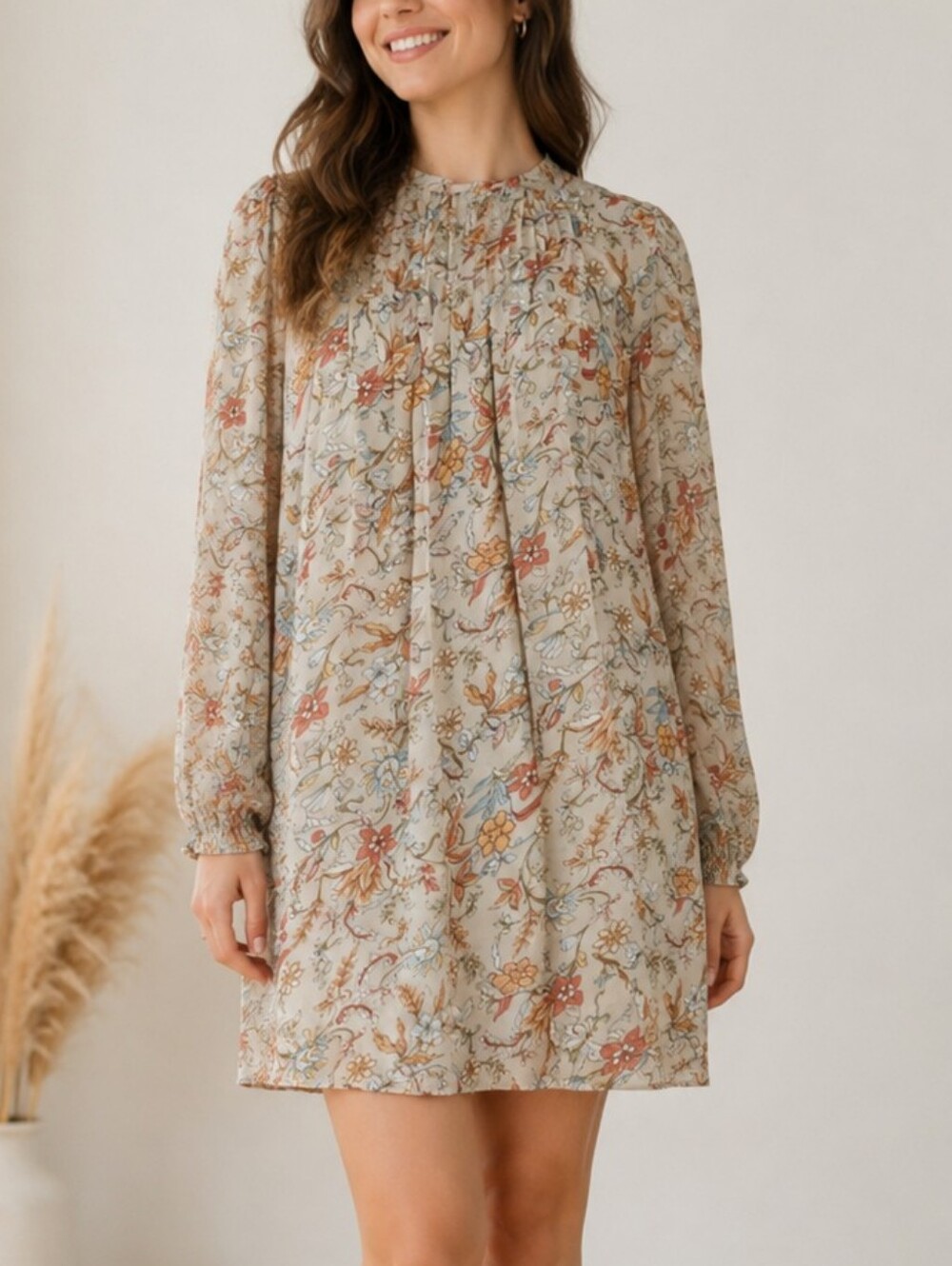 MINKPINK Cream Floral Pleated Mock Neck Shabby Chic Dress
